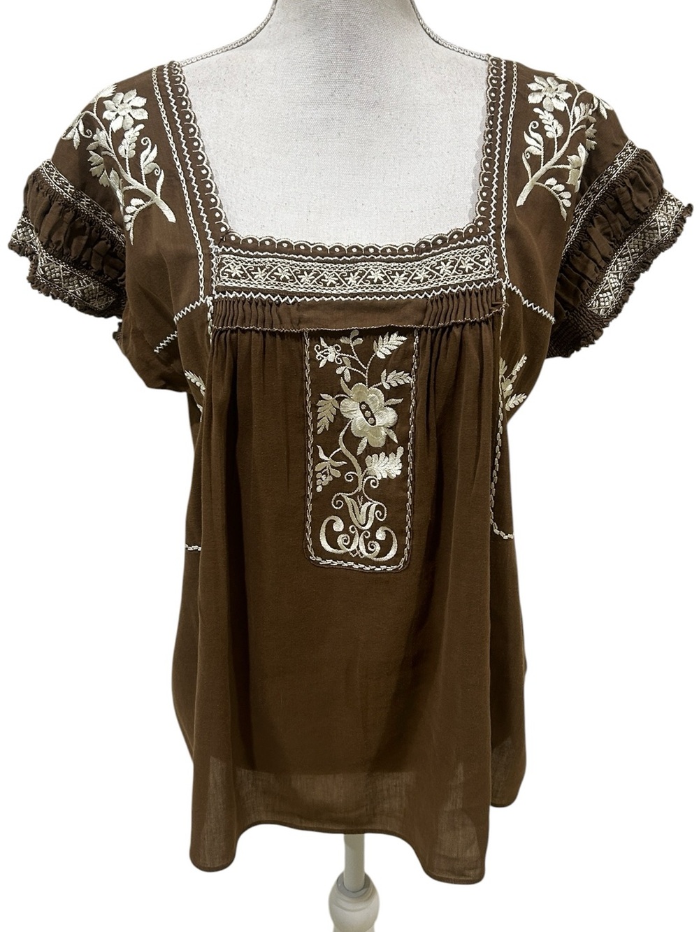 J. Crew caramel Brown Peasant Blouse with Cream Floral Embroidery size large